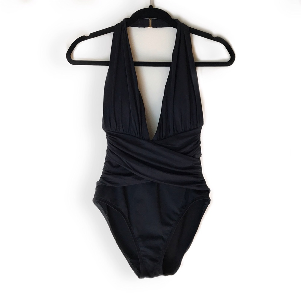 La Blanca Deep V Neck Ruched Crossover One Piece